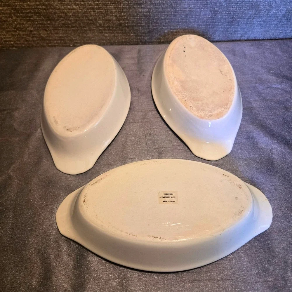 Chaozhou‎ Stoneware Cream Oval Au Gratin Dishes Set of 3 Tab Handles 9.5 Inch